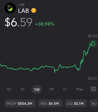 The image shows a black screen with a line graph displaying the price movement of a digital currency called "Lab" (Lab). The labels on the graph show the current value of Lab as well as its trading volume, which stands at $Rave.