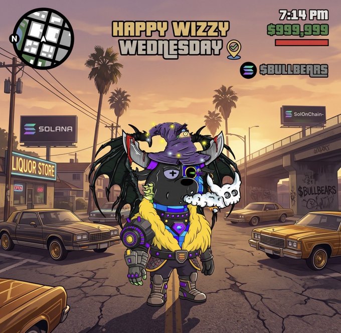 A cartoon character wearing a purple witch hat and smoking stands in a street scene with text reading "HAPPY WIZZY WEDNESDAY," "7:14 PM," "$999,999," and "$BULLBEARS," along with a Solana logo.