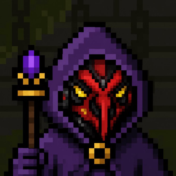 A pixel art illustration depicts a hooded figure in a purple cloak with a glowing red, beaked mask and yellow eyes, holding a staff topped with a purple crystal, fitting the ominous aesthetic of a "GM GM" greeting from the dark fantasy game Terraria.