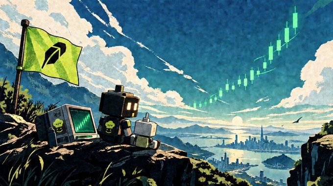 An illustrated landscape featuring a Neo (a cryptocurrency) flag on a rocky outcrop, alongside robots with green skull logos, overlooking a cityscape with a green stock chart rising in the sky.