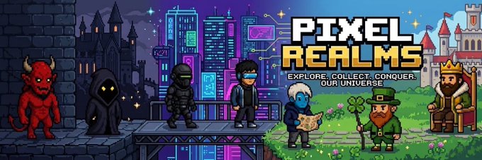 A colorful banner for a video game called 'Pixel Realms' with the tagline 'Explore. Collect. Conquer. Our Universe', featuring pixel art characters in various themed settings.