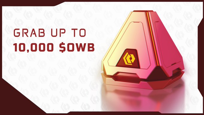 The image features a large pink pyramid-shaped object sitting on a white surface. The text above the pyramid reads "Grab up to 10,000 $OWB" while below it says "Midseason quest incoming June 25th: 30,000 FCFS boxes go live, each containing 200 to 10,000 Epic boxes with higher odds at the top reward." This suggests that there is a contest or promotion related to the mid-season of video games.