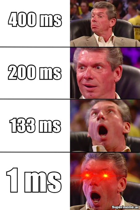 A four-panel meme using the "Vince McMahon Shocked" template shows his reaction intensifying as block times decrease: 400 ms (mild surprise), 200 ms (wider eyes), 133 ms (open-mouth shock), and 1 ms (glowing red eyes in disbelief). The image humorously illustrates the post's point that while Alpenglow's 1 ms block times sound impressive, such extreme speeds would cause users to spend all their time voting rather than actually transacting.