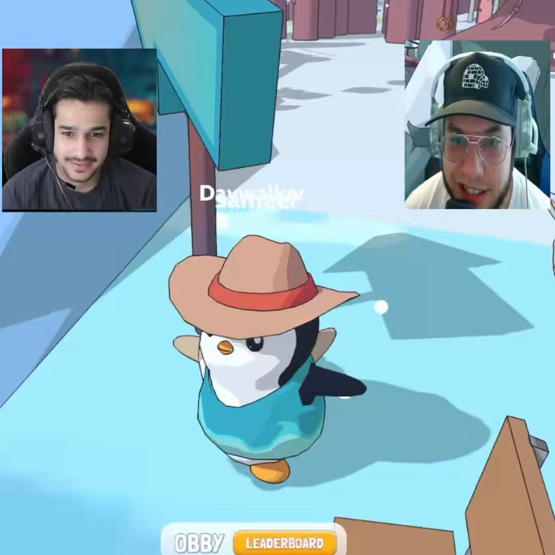 Two streamers, including @GMB_XBT (left) and @marcellovtv (right, wearing an igloo hat), are shown in webcam overlays while playing the "Obby" game in Pudgy World with a cow penguin character named "Daywalker." A "Leaderboard" button is visible at the bottom, capturing their fun gaming session despite not winning.