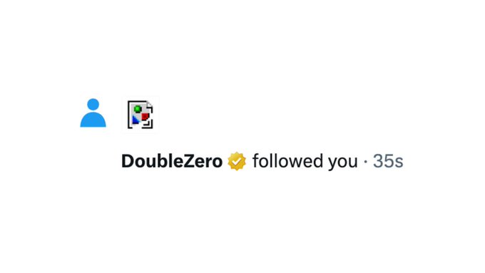 A user named "DoubleZero" with a verified badge followed you 35 seconds ago, indicating eligibility for a notification if you trade on Solana.
