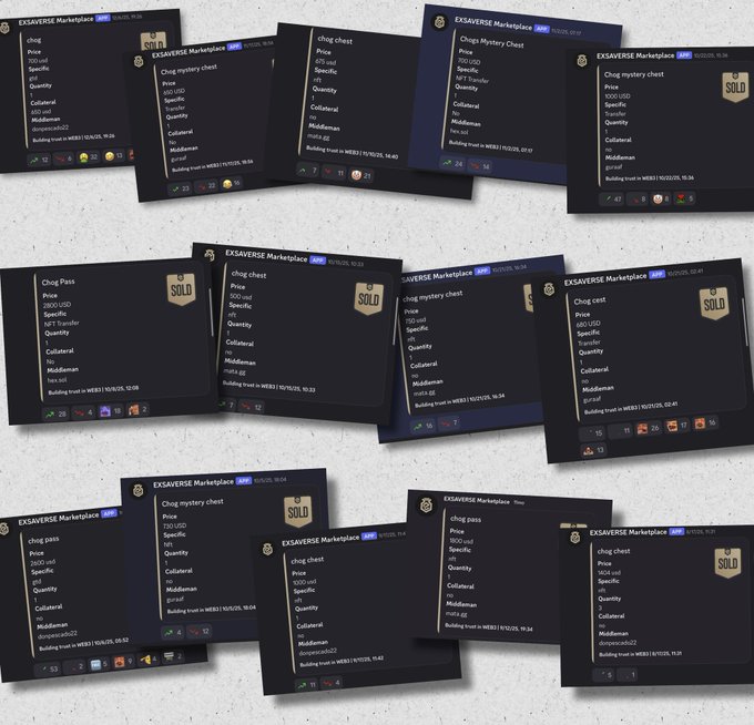 The image displays a collage of NFT marketplace listings from "EXSAVERSE Marketplace" featuring various "Chog" collectibles, with several marked as "SOLD" and showing prices ranging from 0.56 ETH to 1000 USD for items like "Chog pass," "Chog mystery chest," and "Chog chest," with trust scores ranging from 10.51% to 19.77%. The collage relates to the post by illustrating the variety of Chog NFT sales on the EXSAVERSE marketplace, supporting the poster's confidence in holding their "chog gtd" NFT rather than selling it for 1 ETH, as these collectibles are actively trading across multiple price points.