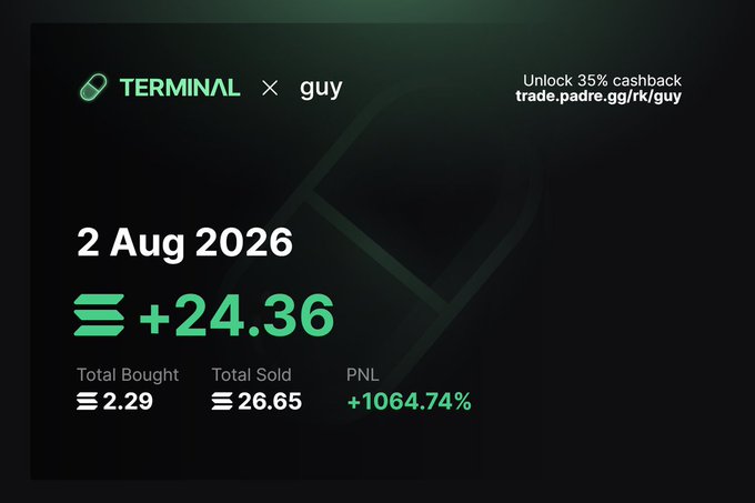 A trading dashboard from Padre Terminal displays a +24.36 SOL gain on the "$GUY" token as of August 2, 2026, with $2.29 bought and $26.65 sold, resulting in a +1064.74% PNL—highlighting a successful first day of trading this month.