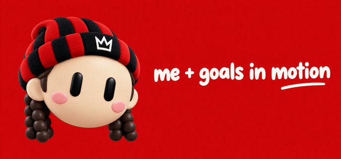 A 3D cartoon character wearing a red and black striped beanie next to the text 'me + goals in motion' on a red background.