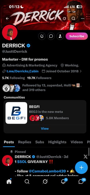 This image displays the Twitter profile of 'DERRICK' (@JusttDerrick), a verified marketer with 19.7K followers and a pinned post advertising a '$SOL GIVEAWAY'.