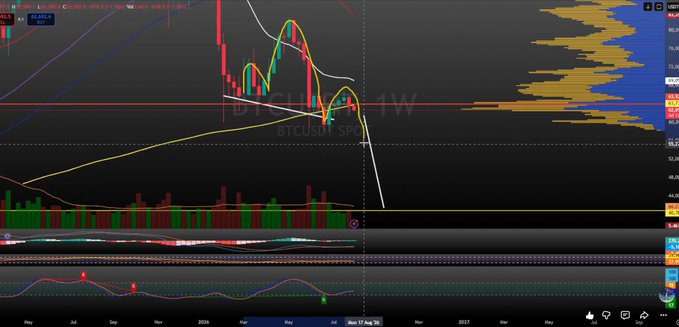 The image shows a Bitcoin weekly (2W) price chart on Binance/USDT perpetual featuring a Head and Shoulders pattern with candles highlighted in yellow circles, alongside a Volume Profile and MACD indicator below. Visible text includes "BTCUSDTPERP" and prices near $62,852, illustrating the technical analysis points referenced in the post about a potential bearish H&S neckline break versus bullish divergence continuation.