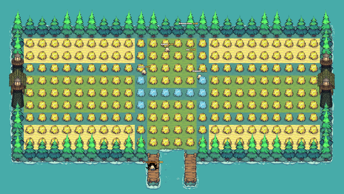 A pixel-art aerial view of a farm island featuring neat rows of golden crops, two farmer characters working the central plot, and wooden docks on a turquoise sea. The "IslandsOnSol" branding ties in with the farming-on-an-island gameplay, likely promoting a Solana-based island farming game.