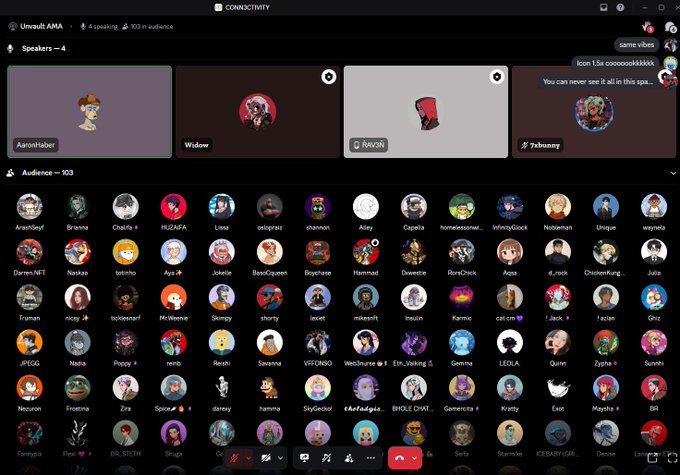 Screenshot of an Unmute AMA session on Connectcity showing 4 speakers (AaronHaber, Widorw, RAVAN, 7zkiumqg) and an audience of 103 participants displayed as avatar circles.