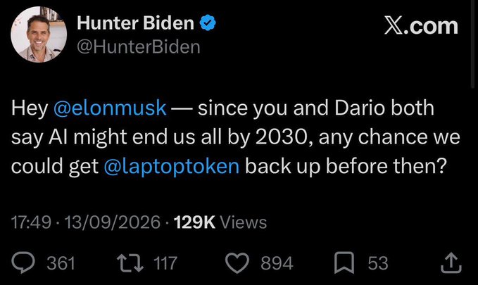 A tweet from Hunter Biden (@HunterBiden) addressed to @elonmusk asking about getting @laptoptoken back, referencing AI potentially ending humanity by 2030, posted at 17:49 on 13/09/2026 with 129K views.