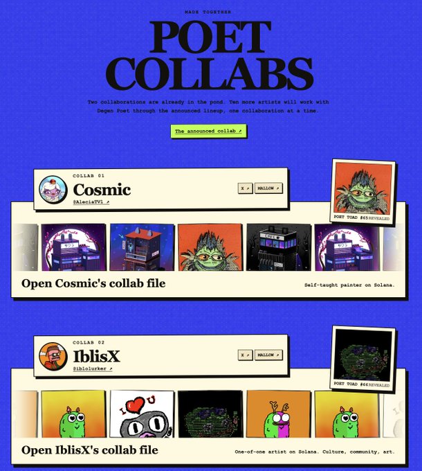 A webpage titled 'POET COLLABS' featuring artist collaborations with Cosmic (@AlenistYT) and IblisX (@Iblislurker), showcasing their digital art portfolios.