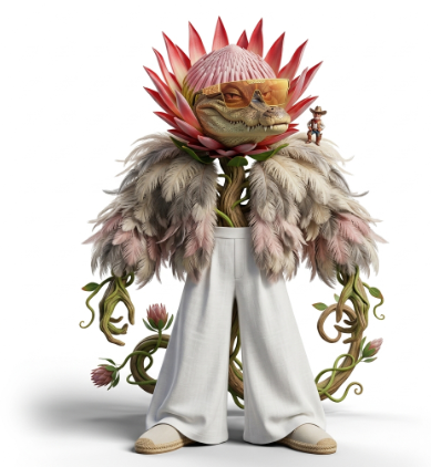 A 3D-rendered figure wearing a flower costume with a dinosaur-like creature as the head, paired with white pants and slippers.