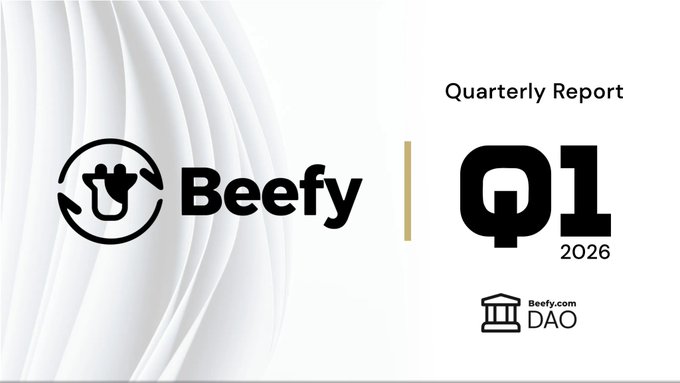 A sleek, minimalist cover graphic for the Beefy DAO Q1 2026 Quarterly Report, featuring the Beefy cow logo alongside bold "Q1 2026" lettering and beefy.com/DAO branding on a soft white background. The image serves as the official header visual accompanying the report announcement.
