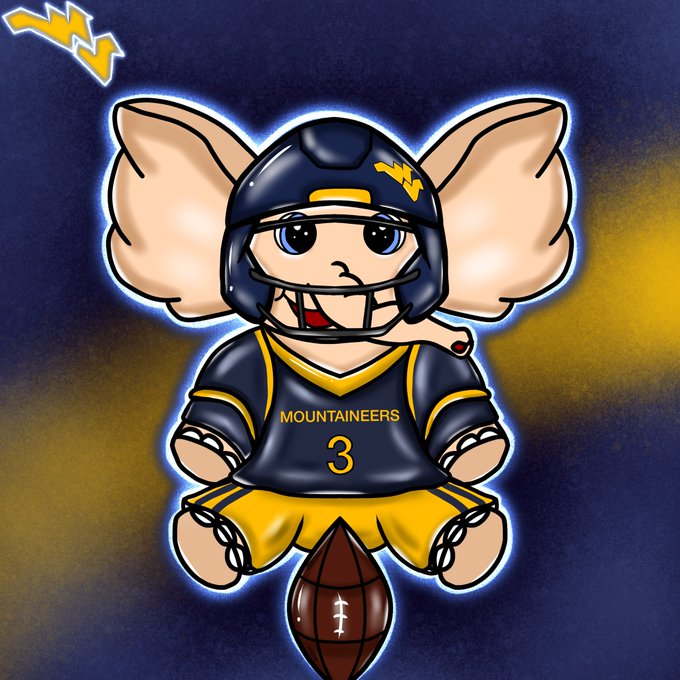 A cartoon mascot of the West Virginia Mountaineers wearing a football helmet and jersey with the number 3, sitting on a football.