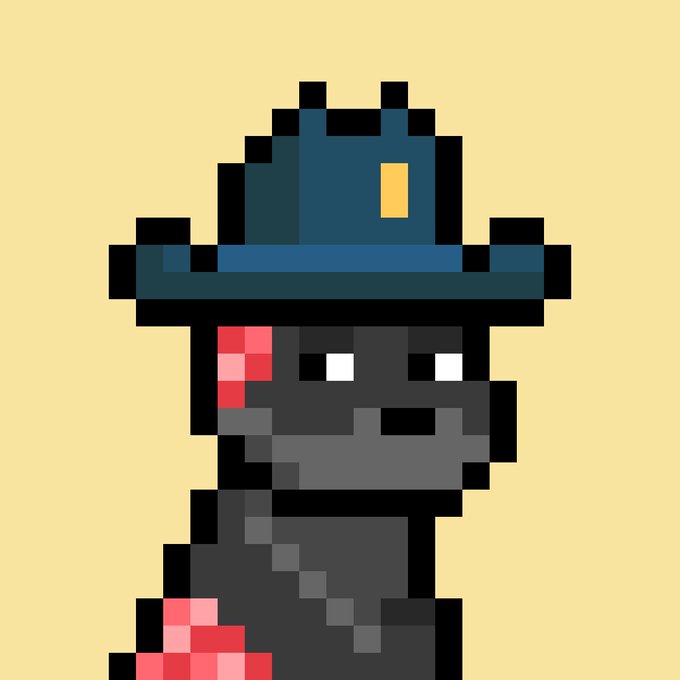 Pixel art of a dark, dinosaur-like creature wearing a wide-brimmed blue hat.