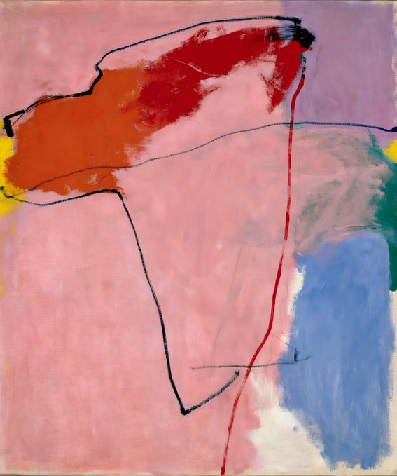 An abstract painting featuring a large shape with red, orange, and pink hues outlined in black, set against a pink and blue background.