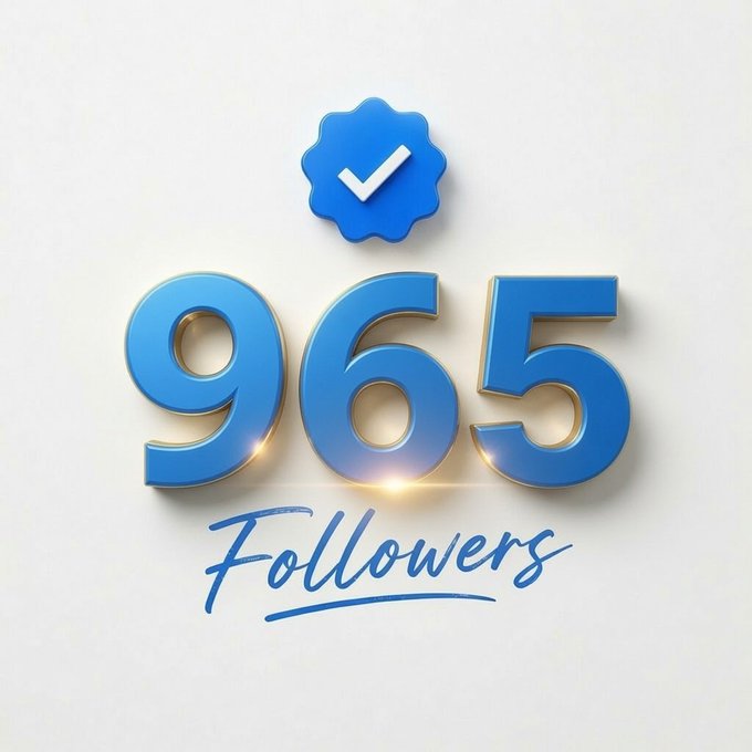 A blue 3D graphic displaying '965 Followers' with a verification checkmark badge.