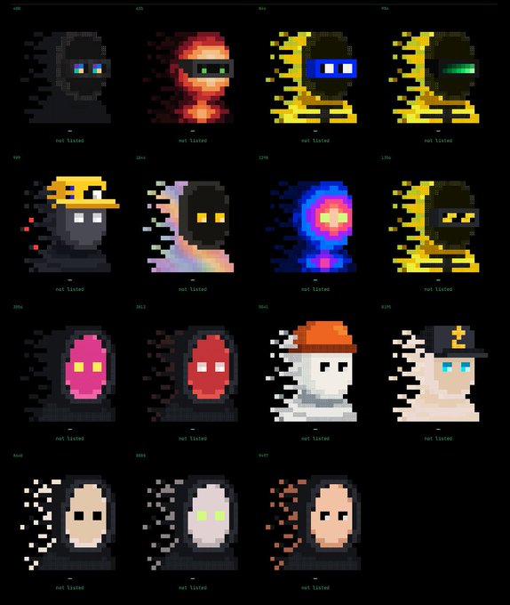A grid displays various pixel art NFT avatars with different colors and designs, all marked 'not listed'.