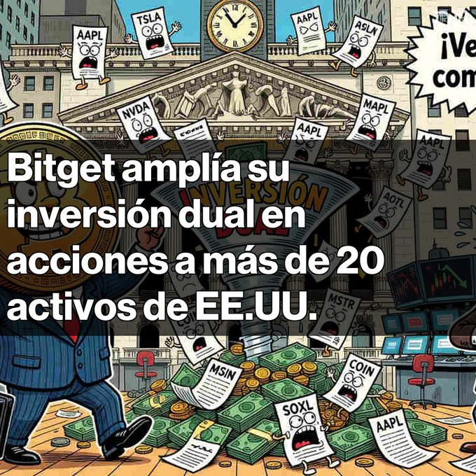 A cartoon illustration showing stock ticker characters like AAPL, TSLA, NVDA, MSIN, and COIN with the Spanish text 'Bitget amplía su inversión dual en acciones a más de 20 activos de EE.UU.'