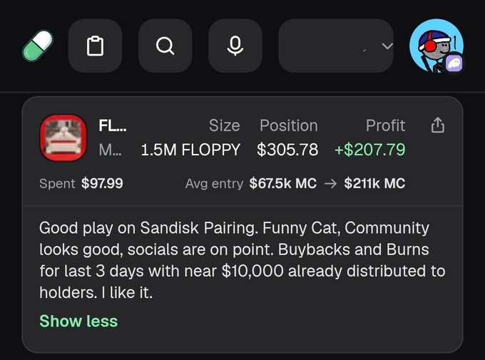 A mobile app screenshot shows a trading interface for '1.5M FLOPPY' with a profit of +$207.79 and a comment praising the project's buybacks and burns.