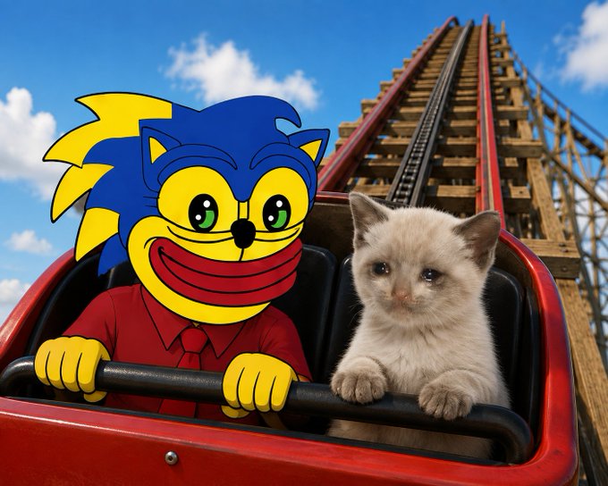 A cartoon cat mascot in a red shirt rides a roller coaster alongside a real fluffy kitten, playfully promoting the $CASHKITTEN memecoin with its "Cashcat" companion as they both enjoy the thrilling ride.