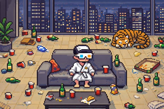 A pixel‑art scene shows a VR‑clad figure in a white bathrobe sitting on a couch amid empty bottles, cups, and a pizza box, with a sleeping tiger and a night‑city skyline visible through the windows; the chaotic setting humorously illustrates the “GM” tag mentioned in the post.
