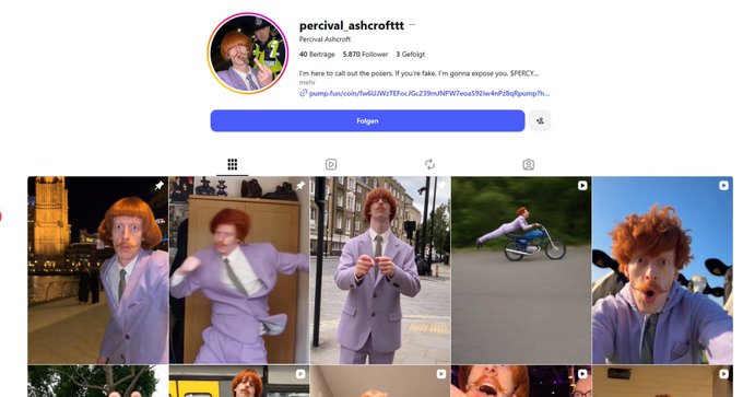 An Instagram profile page for 'percival_ashcroftt' featuring photos and videos of a red-haired man in a purple suit in various London locations, with 5,870 followers and 3 Gefolgt.