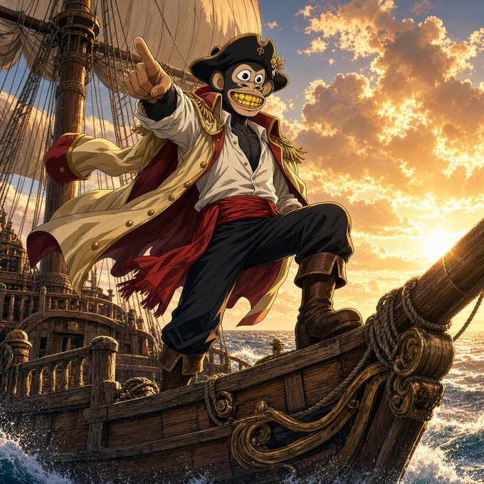 An anime-style illustration of a grinning pirate in a tricorn hat and red sash standing on the bow of a wooden ship at sunset, pointing dramatically toward the horizon.