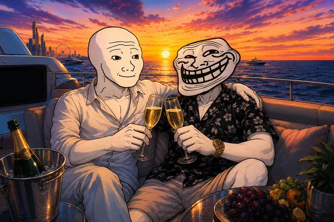 Two Wojak meme characters—one stoic and one with a wide troll grin—clink champagne flutes aboard a luxurious yacht at sunset, perfectly capturing the "Billions For $TROLL & $WOJAK" celebration vibe of meme coin holders toasting their crypto gains in style.