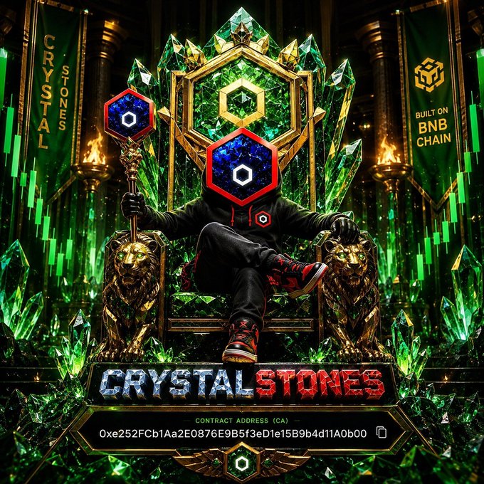 Promotional artwork for 'CRYSTAL STONES' built on BNB Chain, showing a figure on a crystal throne holding a scepter, with contract address '0xe252FCb1Aa2E0876E9B5f3eD1e15B9b4d11A0b00'.