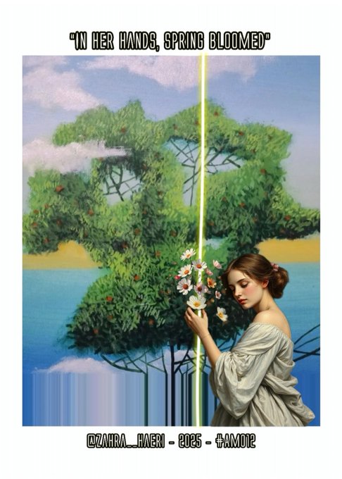 An artistic illustration of a woman in a white dress holding white flowers near a glowing tree, with text at the top reading 'IN HER HANDS, SPRING BLOOMED' and at the bottom '@ZAHRA_HAERI - 2026 - #AMORE'.