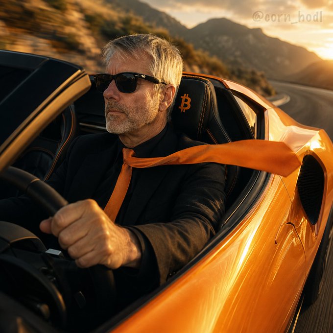 An AI-generated image of a gray-haired man in sunglasses and a black suit with an orange tie and scarf, driving an orange convertible sports car with a Bitcoin logo on the headrest, credited to @eorn_hodl.