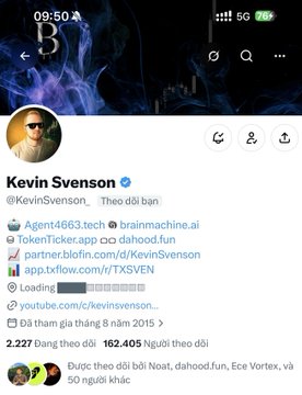 This image shows a Twitter/X profile page for Kevin Svenson (@KevinSvenson_), an Agent at brainmachine.ai with a verified checkmark, displaying 2,227 following and 162,405 followers. The profile features his bio listing TokenTicker, partner.blocinc, and a TXSVEN bio link, along with profile follower stats showing some content related to "đang tải giá tháng 8 năm 2015" (loading August 2015 price data). The image relates to the accompanying post about Kevin Svenson's methodical development work on the $Dahood project at @daHoodfun, highlighting the disconnect between his dedicated building efforts and the token's currently low market cap relative to its potential.