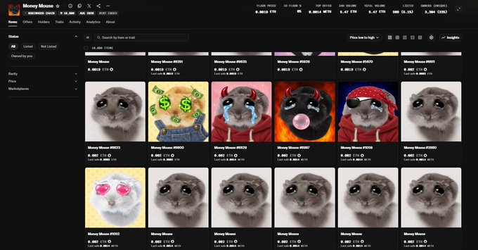 A screenshot of an NFT marketplace profile page for the "Money Mouse" collection, displaying an "Enter code" prompt for the email sirajyasir417@gmail.com, alongside a grid of various mouse-themed NFT artwork listings. The interface includes typical marketplace elements such as price ranges (e.g., 1.99 ETH) and a battery indicator showing 79%.