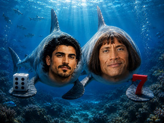 Meme image showing two men's faces superimposed on shark bodies underwater, with one holding a die and the other holding a red number 7.