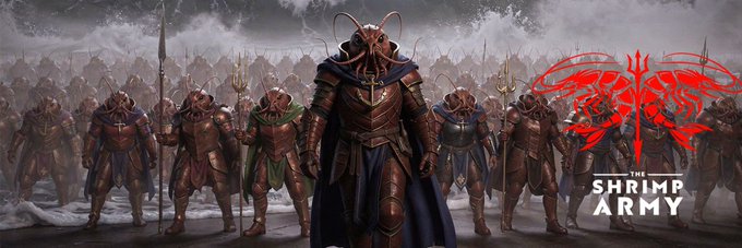 A banner image for the Robinhood token $SHRIMPS showing an army of armored crab-like warriors in a dark, battlefield setting, with a central armored figure and red stylized text reading "THE SHRIMP ARMY" on the right side.