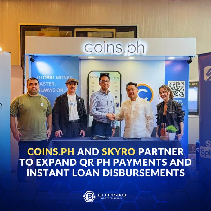 A promotional image showing a partnership between Coins.ph and Skyro, with text 'COINS.PH AND SKYRO PARTNER TO EXPAND QR PH PAYMENTS AND INSTANT LOAN DISBURSEMENTS' from BitPinas.