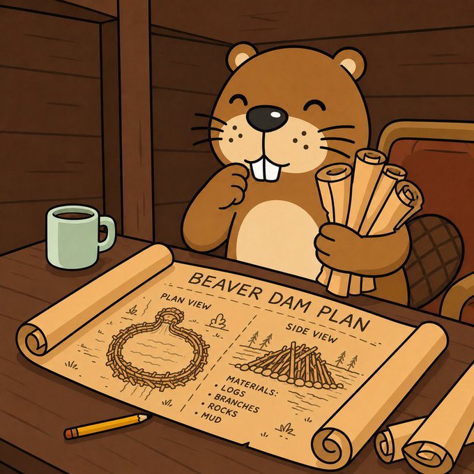 A cartoon beaver holds rolled-up scrolls while sitting at a wooden desk with a "BEAVER DAM PLAN" blueprint showing plan and side views, alongside a coffee mug and pencil.