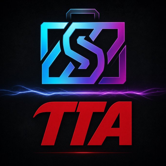 A logo featuring a blue and purple bag-shaped icon above the red text 'TTA' against a dark background with electric light effects.