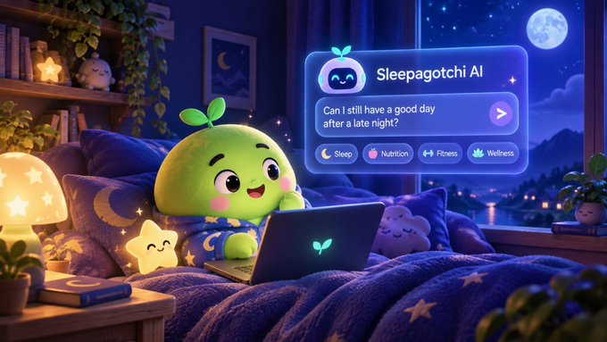 An animated illustration of a cute green plant-like character using a laptop in a cozy bedroom at night, with an AI interface labeled 'Sleepagotchi AI' asking 'Can I still have a good day after a late night?' with categories for Sleep, Nutrition, Fitness, and Wellness.