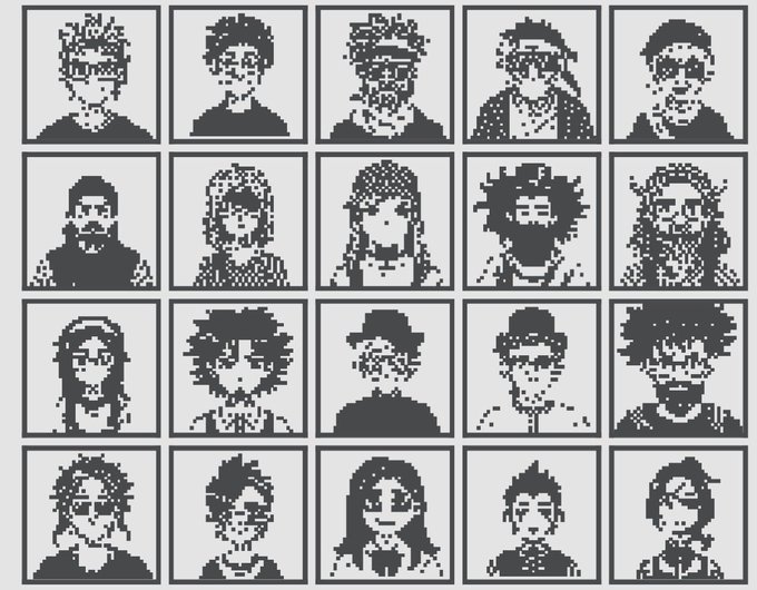 A grid of 20 black and white pixel art portraits showing various characters with different hairstyles and expressions, arranged in 4 rows of 5.