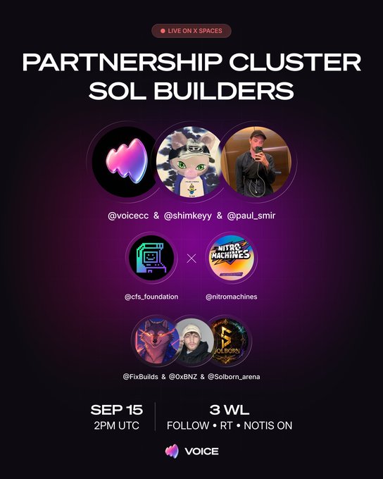 A promotional graphic for a "PARTNERSHIP CLUSTER SOL BUILDERS" X Spaces event hosted by VOICE on September 15 at 2 PM UTC, featuring participants @voicecc, @shimkeyy, @paul_smir, @cfs_foundation, @nitromachines, @FixBuilds, @0xBNZ, and @Solborn_arena. The post's call for builders to prove what they've actually shipped aligns with the event's focus on showcasing real Solana builders and their partnerships in a "3 WL" (3 wins/losses) format.