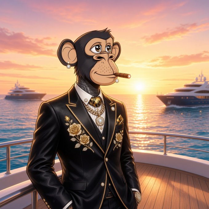 A stylized cartoon illustration depicts a monkey dressed in an ornate black suit with gold rose details and jewelry, smoking a cigar while standing on a yacht deck at sunset with cruise ships in the background.
