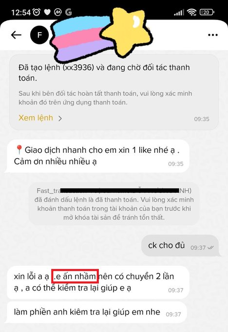 A Vietnamese-language messaging app conversation with a transgender pride flag emoji, showing messages about a pending transfer of (xx3936), a request for a like in exchange, confirmation of payment, and apologies for mistakenly sending twice.