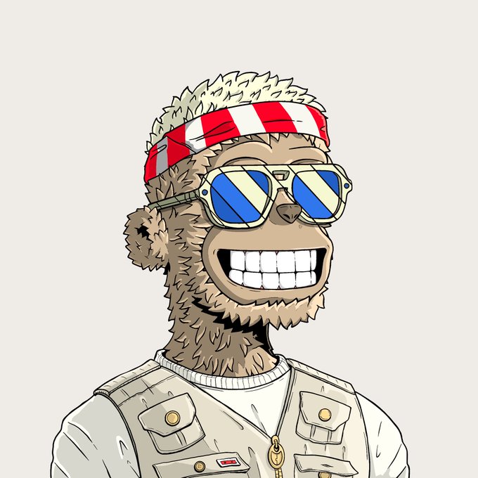 A cartoon illustration of a smiling bear character wearing a red and white striped headband and blue-tinted aviator sunglasses, dressed in a beige utility vest.