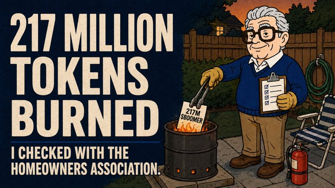 A cartoon graphic reads '217 MILLION TOKENS BURNED' and 'I CHECKED WITH THE HOMEOWNERS ASSOCIATION,' showing an elderly man burning documents labeled '217M $B00MER' in a backyard barrel.