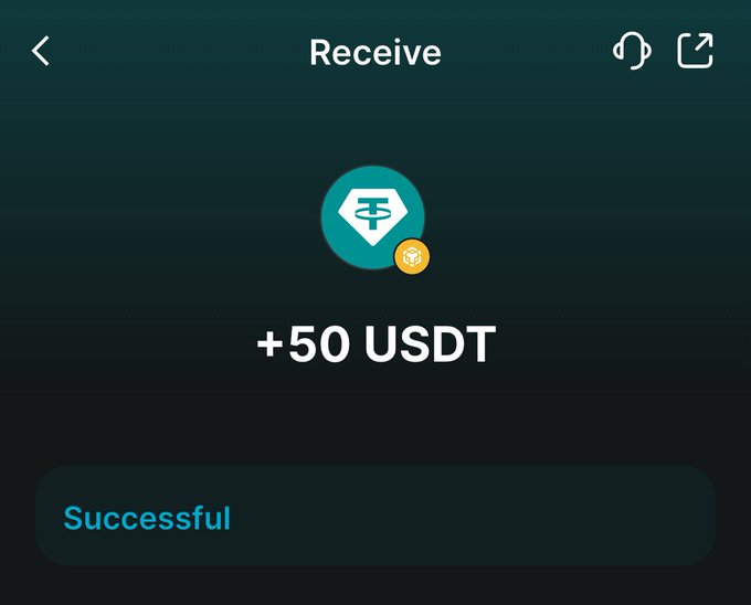 A mobile wallet screenshot confirms a successful receive transaction of +50 USDT on the Tether (USDT) network, matching the post's celebration of receiving a crypto reward for a single web3 post.